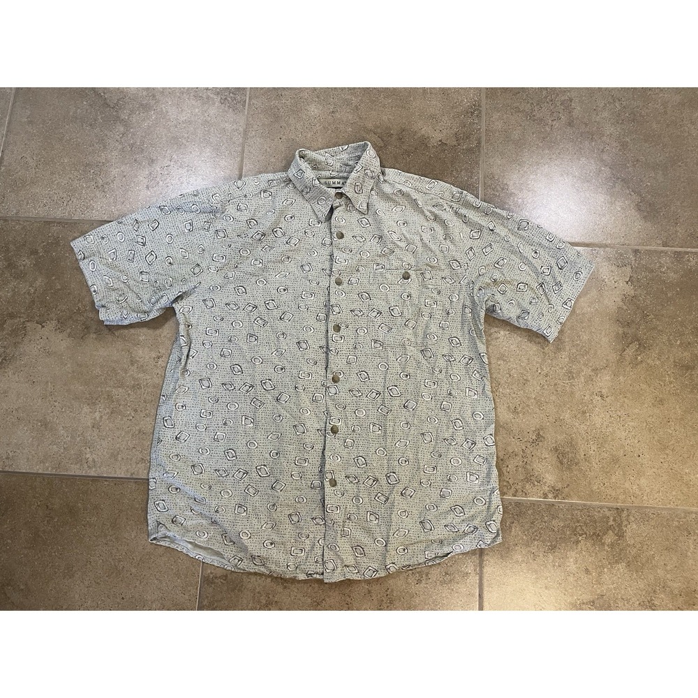 Vintage 100% Silk SUMMA Mens Sz M Pattern Gray Button Down Shirt Short Sleeve